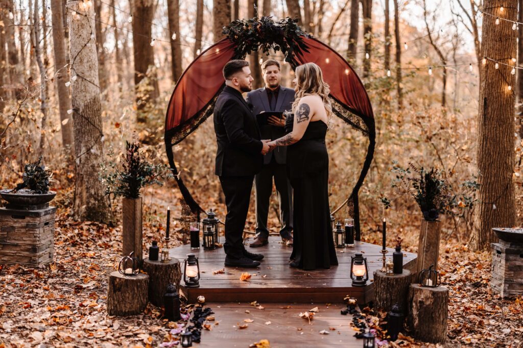 A moody dark aesthetic altar for a Fall elopement.