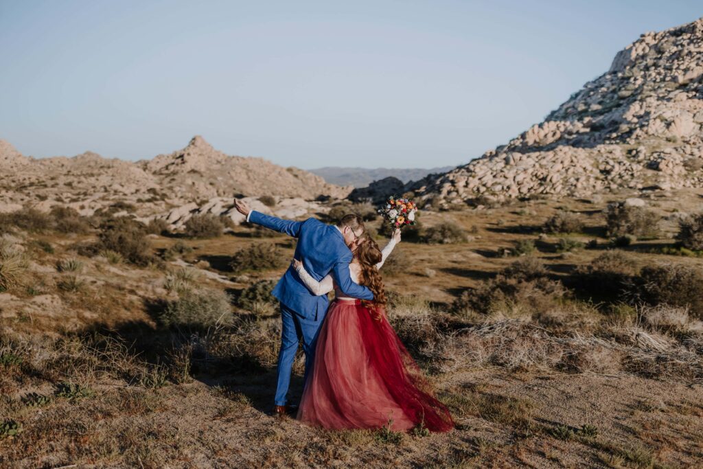 Bride and Groom celebrating in the Joshua Tree Desert.