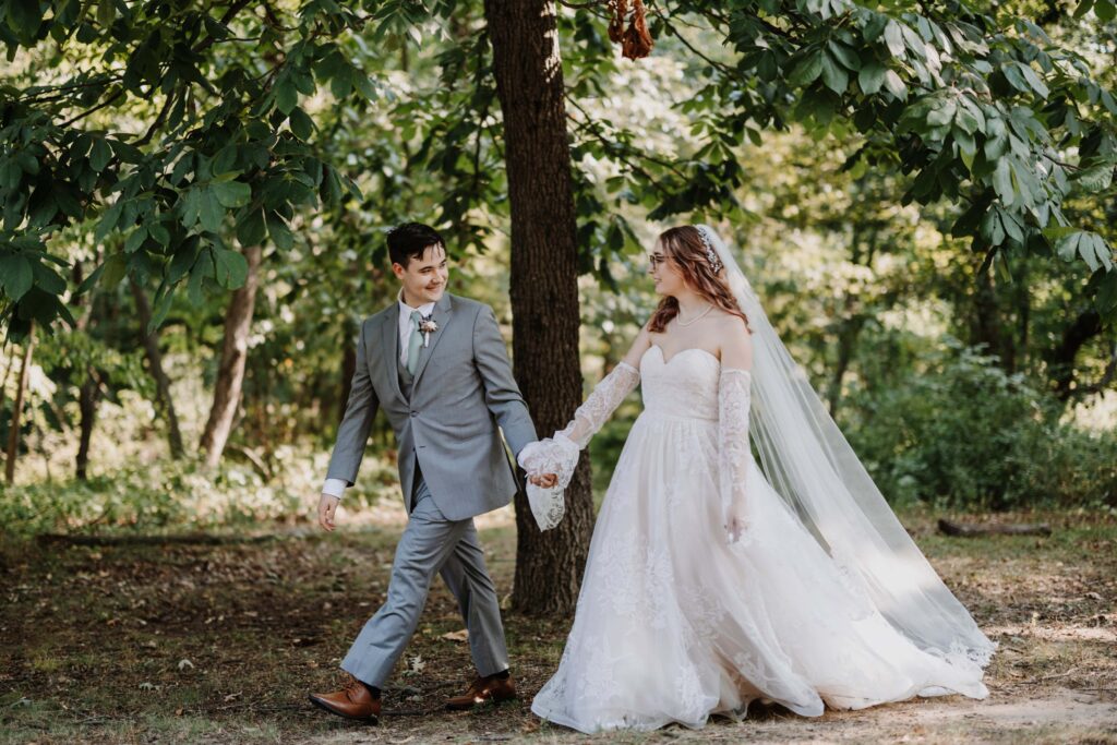 Newlyweds strolling in Patapsco State Park.