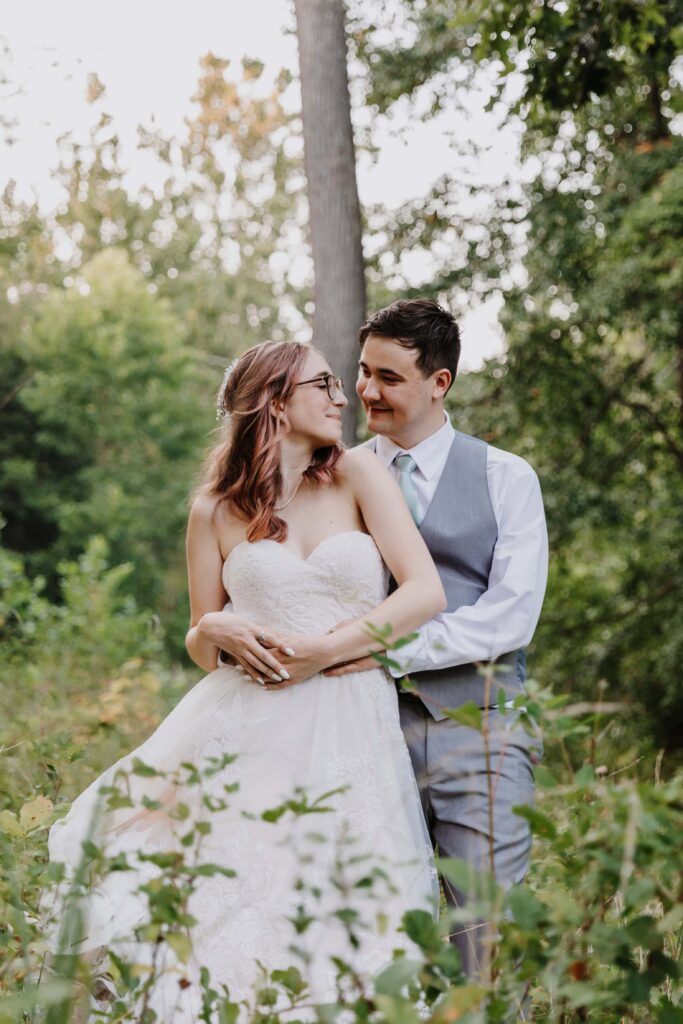 Newlyweds strolling in Patapsco State Park.
