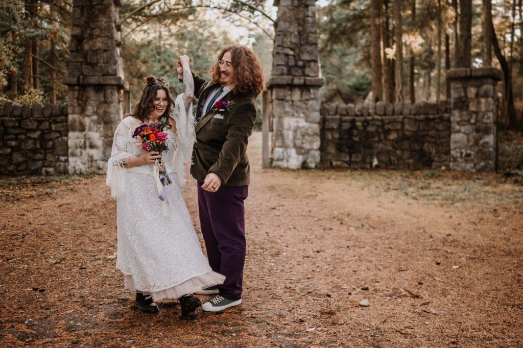 Bride and groom share a sweet first dance at their Whimsical Elopement. 