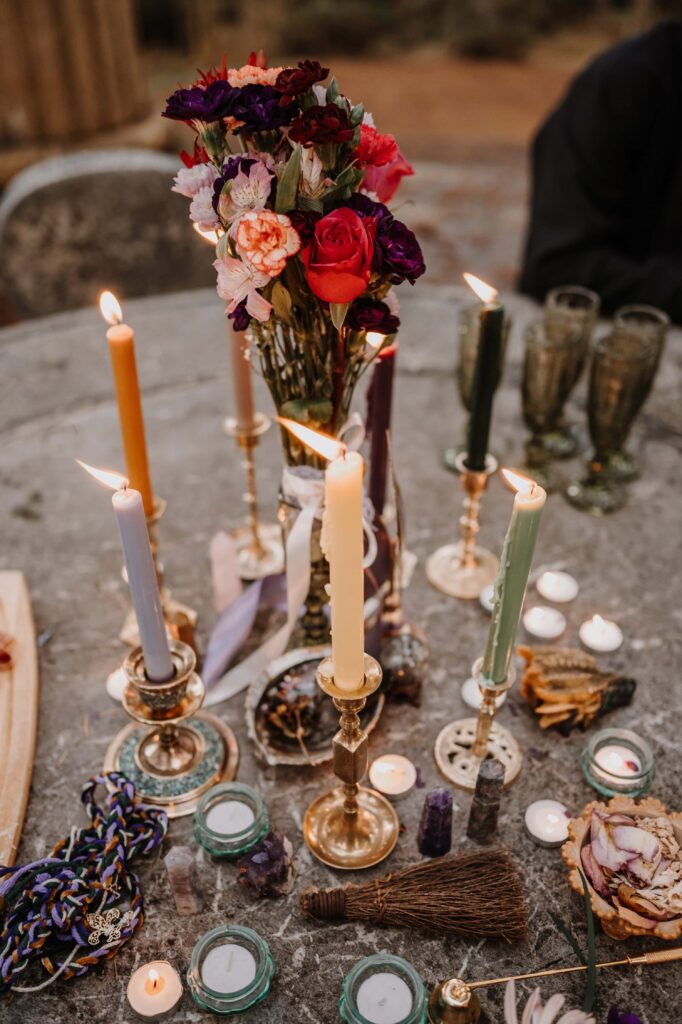 Whimsical elopement tablescape in a monument on San Juan Island.
