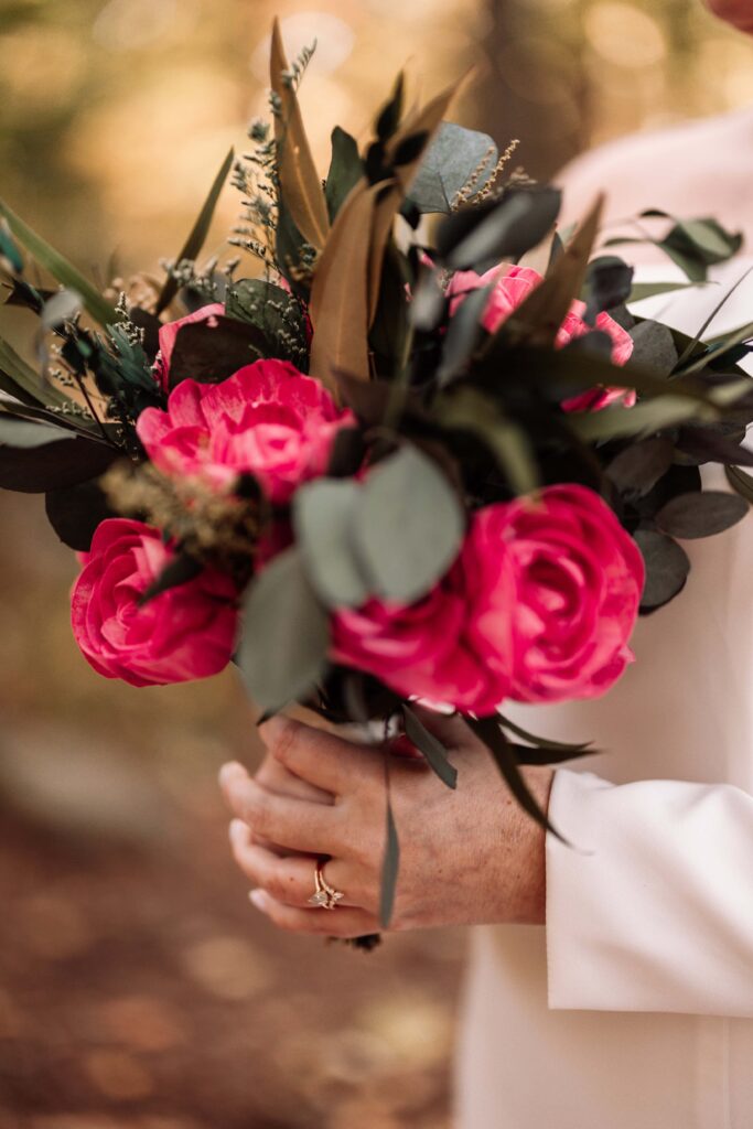 A beautiful hot pink peony Sola Wood bouquet.