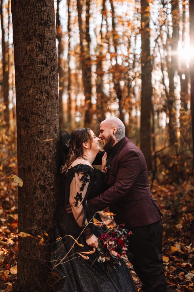 Bride and Groom in all black on their Halloween elopement.