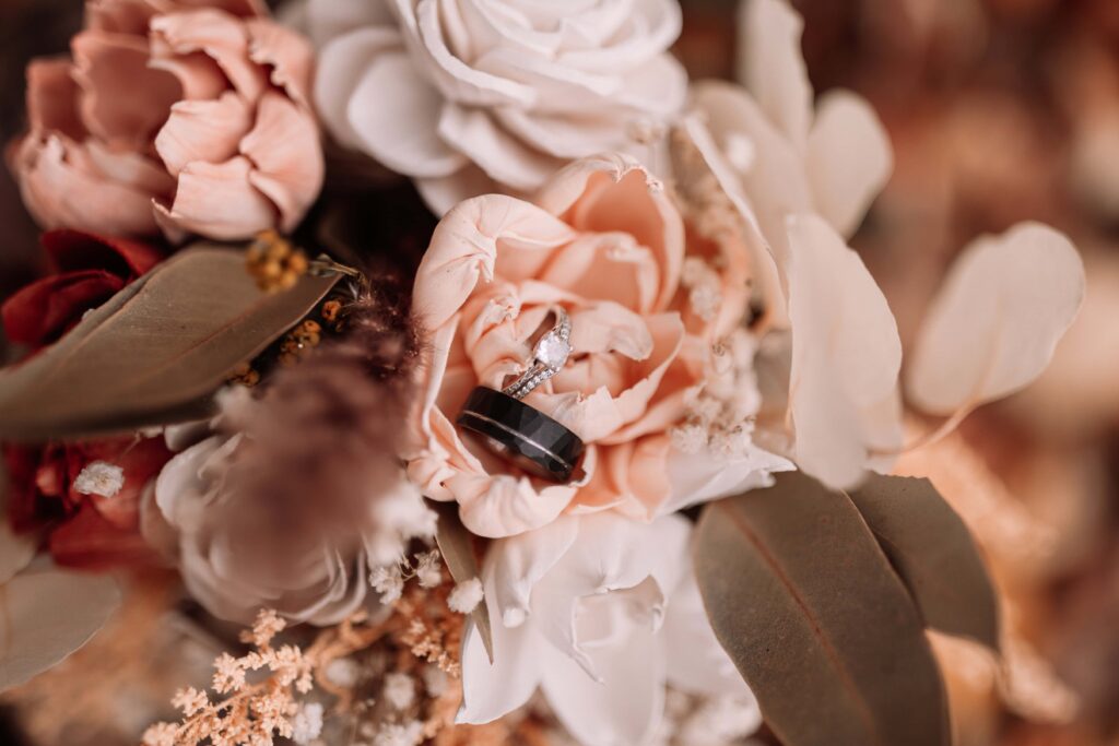 A closeup of a bohemian Sola Wood flower bouquet. 