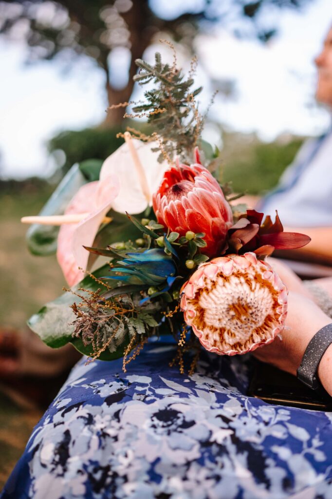 A bright tropical bouquet of real flowers.