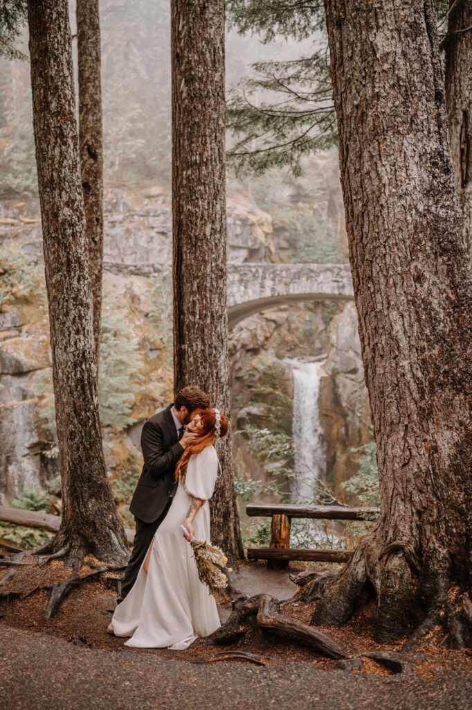 Bride and Groom share a special moment with Comet Falls in the background.