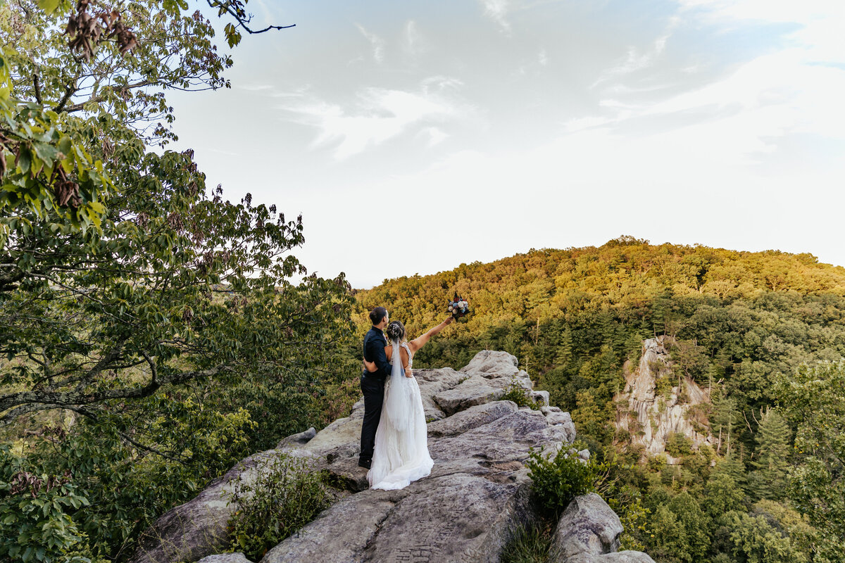 Bride and Groom take in the cliffside vista of the King and Queen Seat in Rock State Park during their Maryland Elopement.