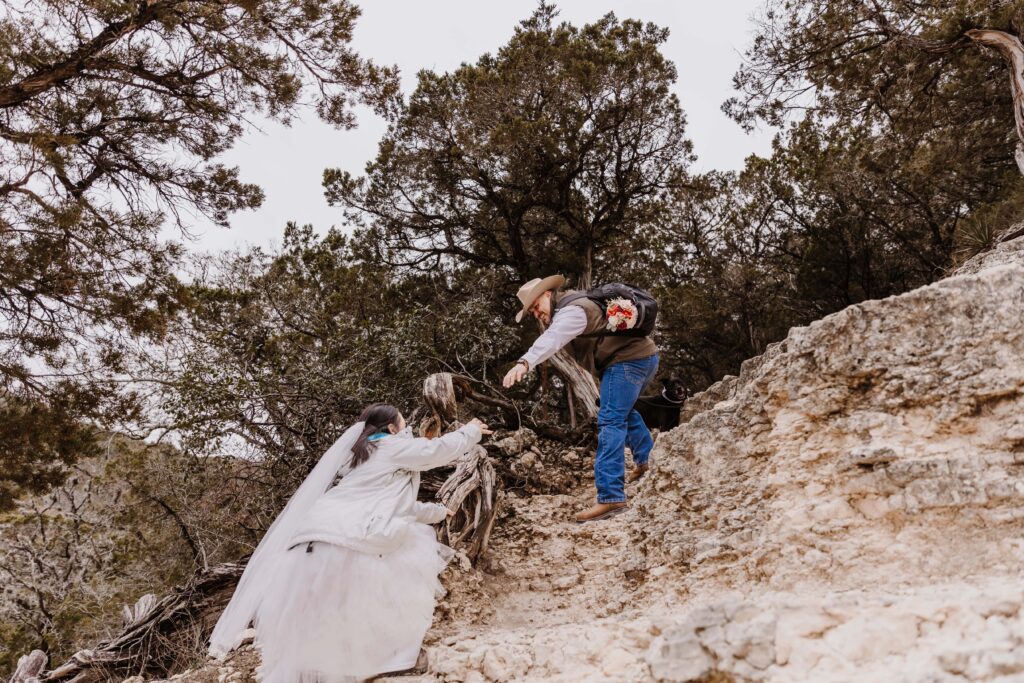 Garner-State-Park-TX-camping-Elopement-small wedding venue bride and groom hiking_www.ezelopements.com