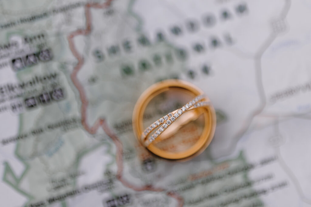 Wedding bands atop a Shenandoah National Park map.