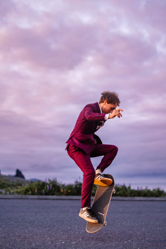 A rad groom skateboarding in Iceland.