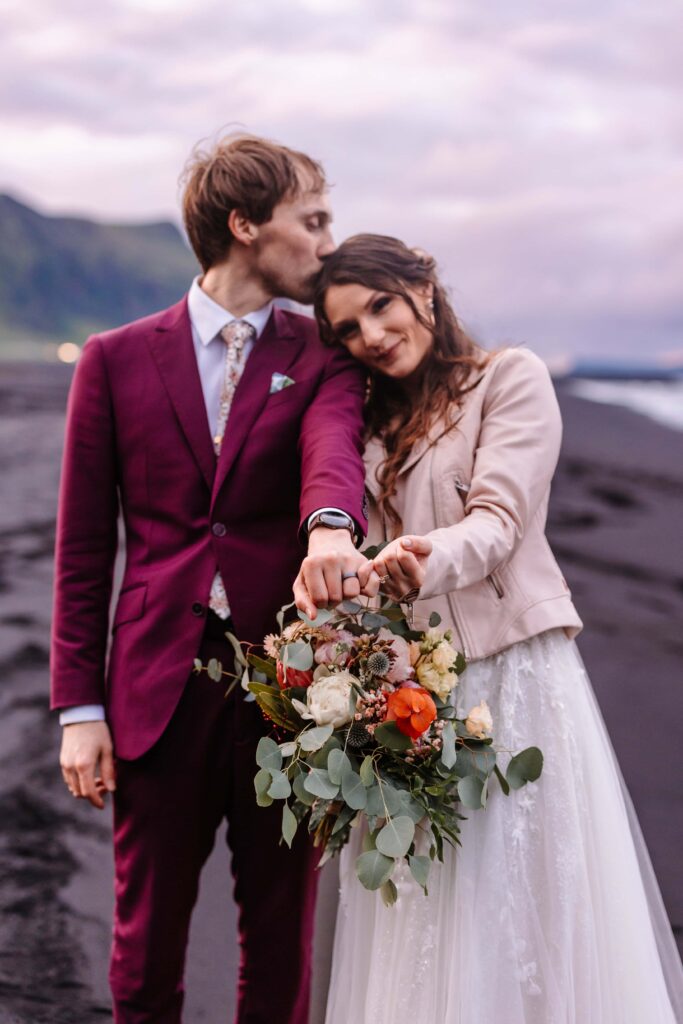 Bride and Groom on Icelandic black sand beaches.