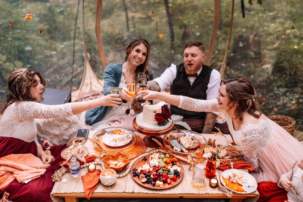 Newlyweds and their kids sharing a toast to their future.