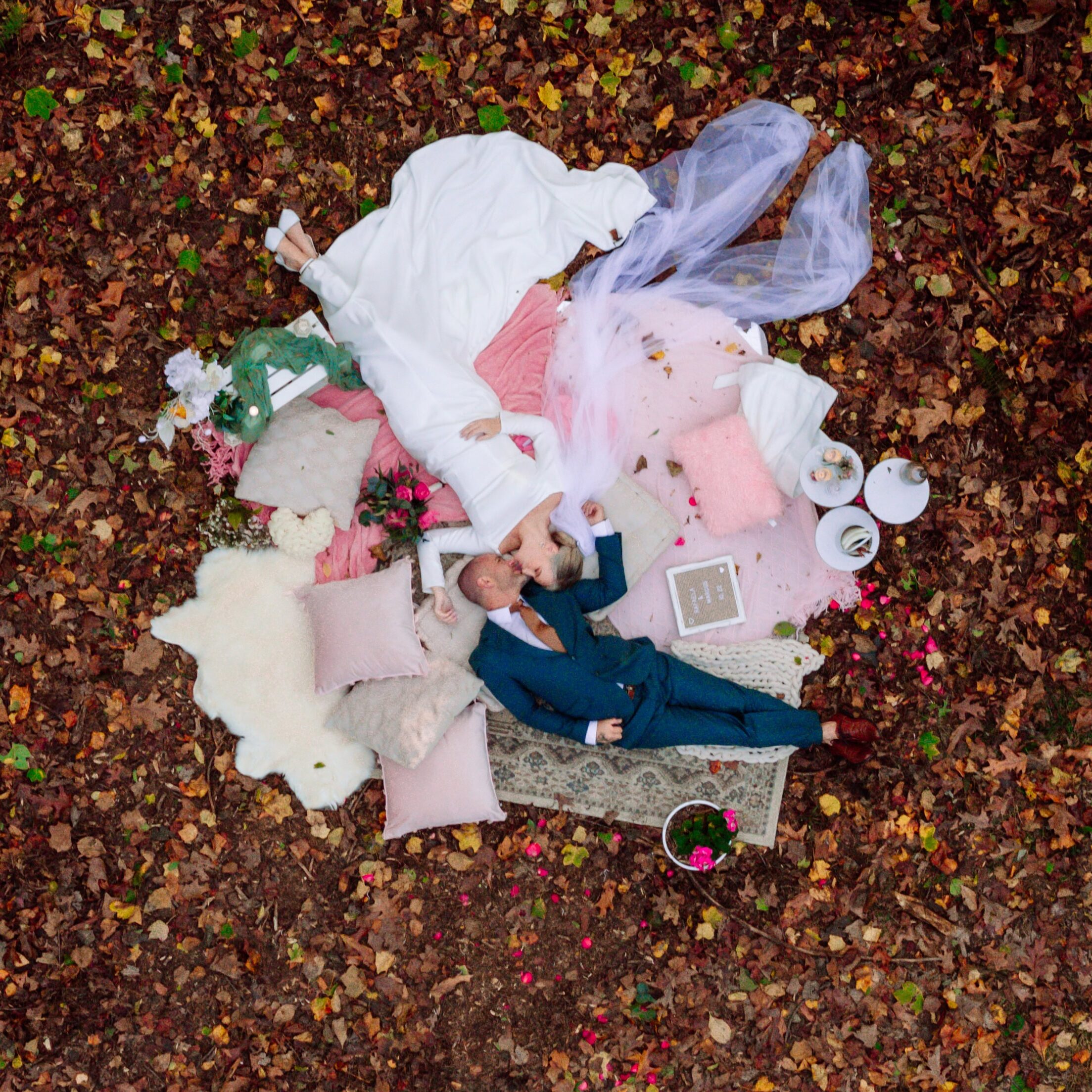 An arial shot of the newlyweds at their elopement picnic.