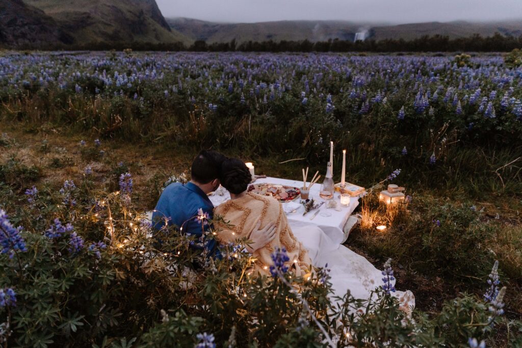 bride and groom enjoying a picnic celebration in iceland's lupine fields with all details taken care of by EZ Elopements