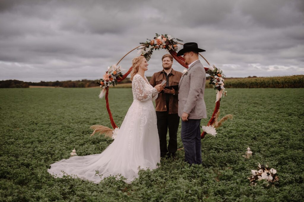 Couple getting married on a farm