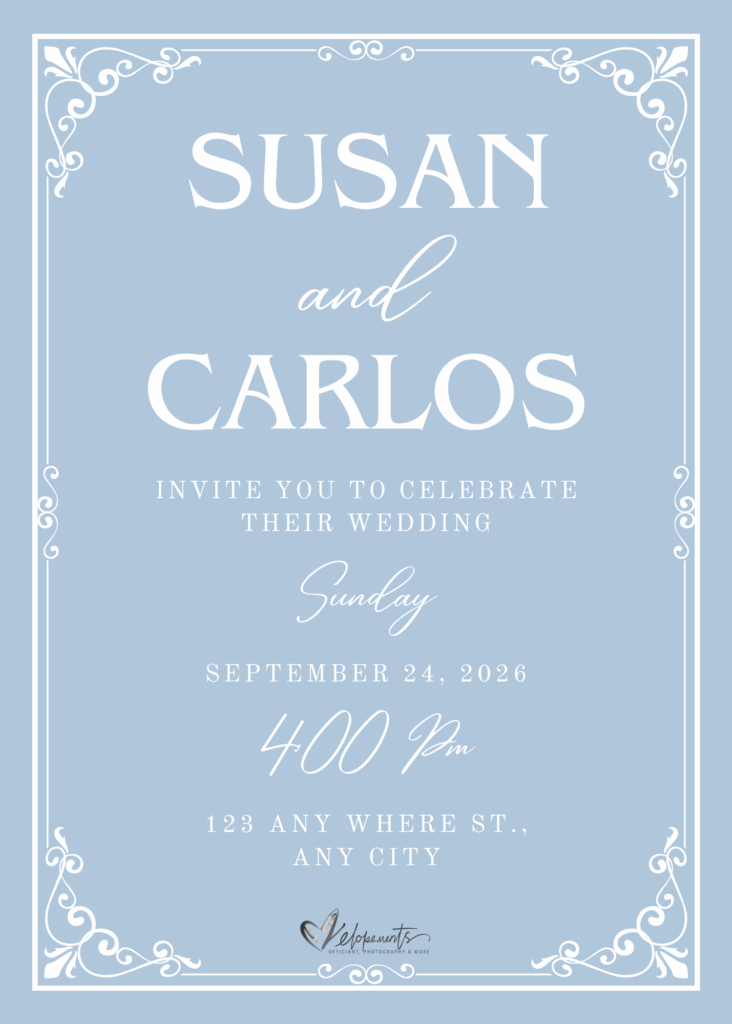 A simple blue and white wedding invitation. 