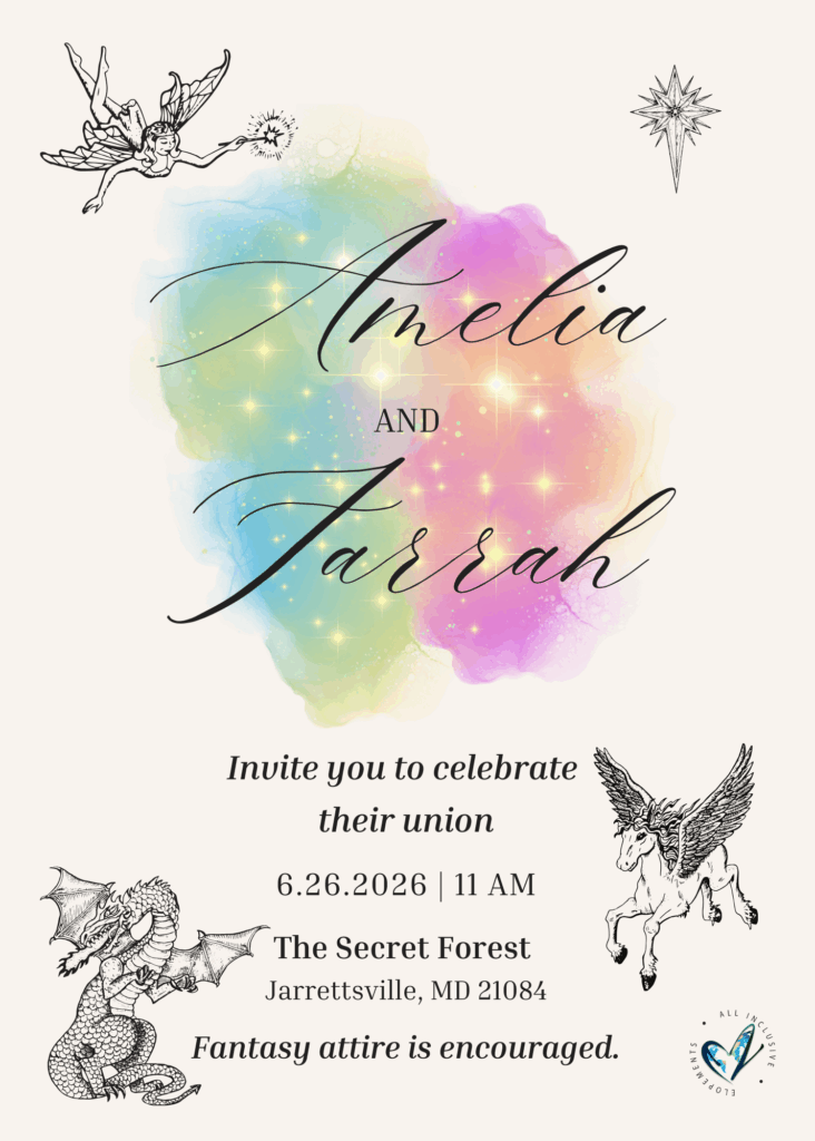 A fairy tale fantasy-inspired wedding invitation for a micro wedding at our Private Forest.