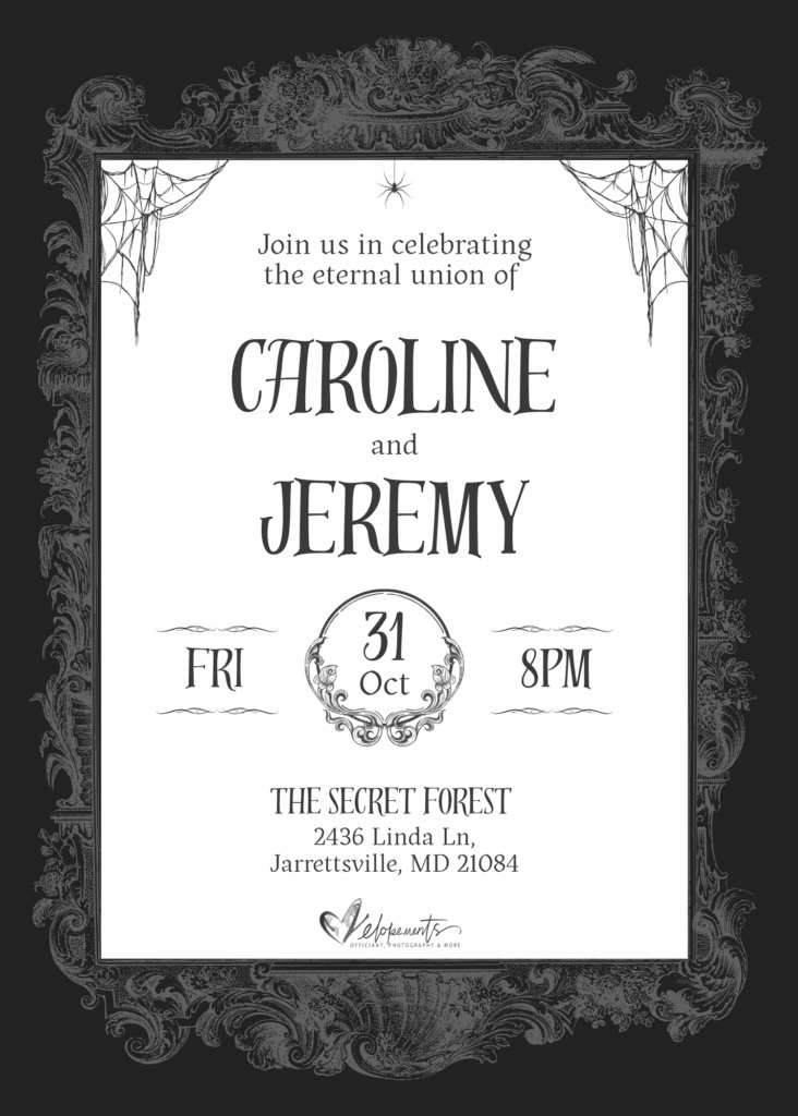 A gothic-inspired save the date invitation for a Halloween elopement. 
