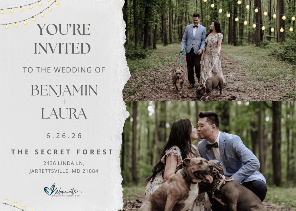 A simple forest theme save-the-date wedding invitation for an elopement in our Private Forest . 
