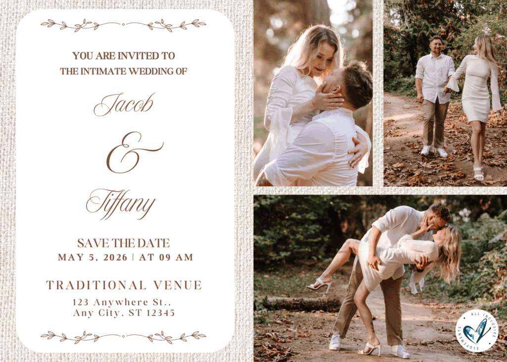 A  simple wedding invitation for a wedding at a traditional all-in-one style venue. 