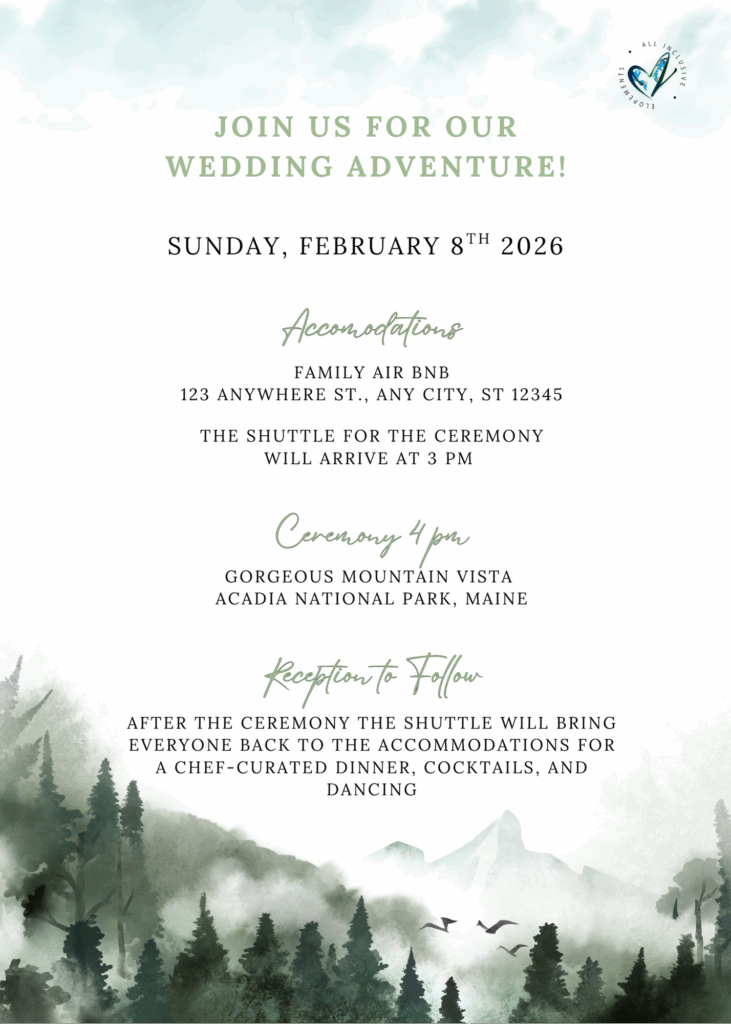 The front of a national park-themed wedding invitation for a micro wedding in Acadia National Park. 