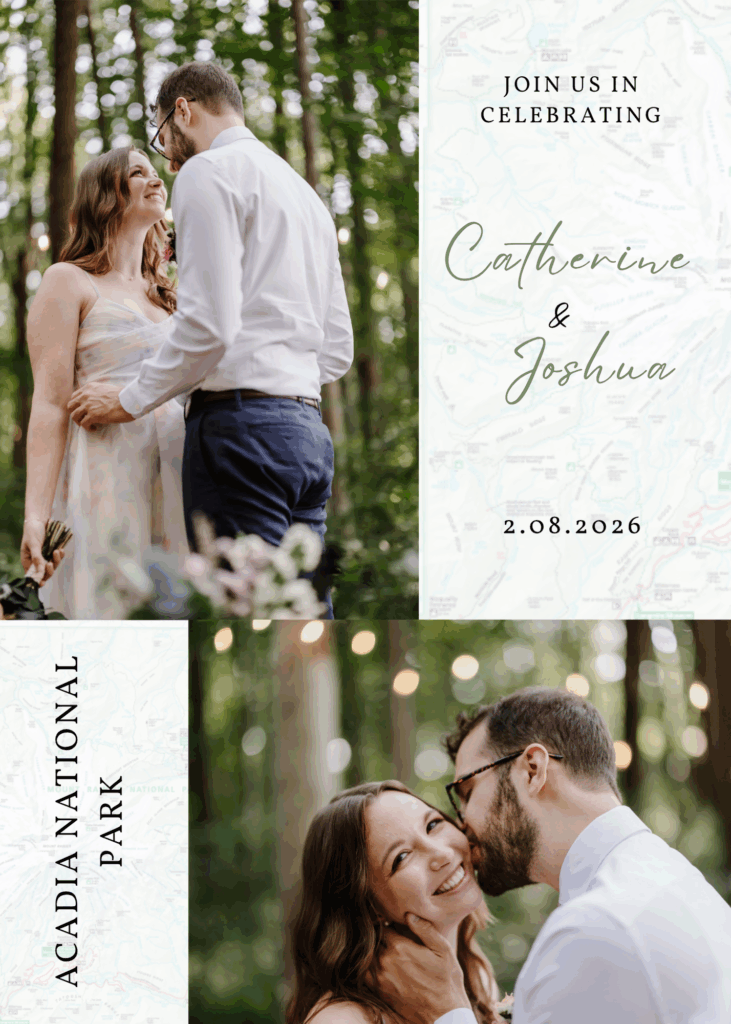 The back of a national park-themed wedding invitation for a micro wedding in Acadia National Park. 