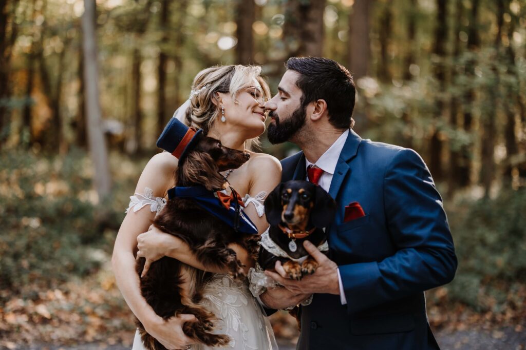 Newlyweds and their dogs at their Private Forest Wedding. 