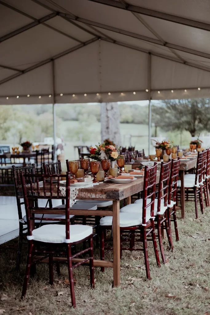 A tented reception in the Starhill Farms Fields in the Texas Hill Country.