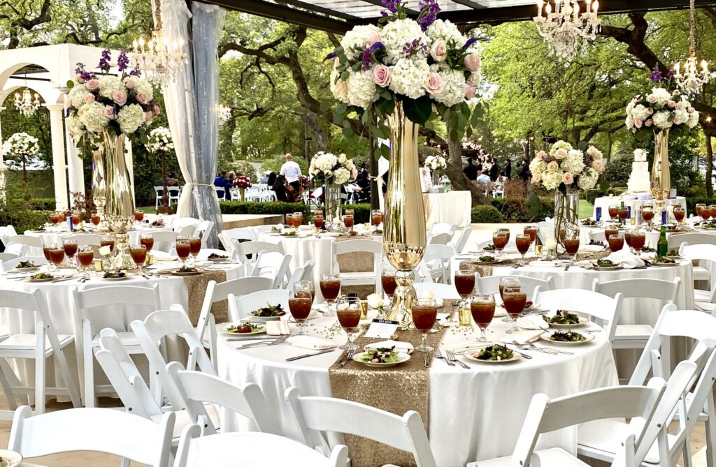 The Outdoor space set up for a wedding reception in the Texas Hill Country.