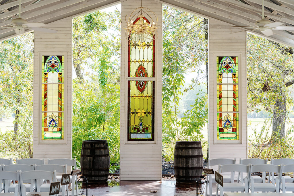 A view of the wedding altar at Emmaus Hall in Texas.