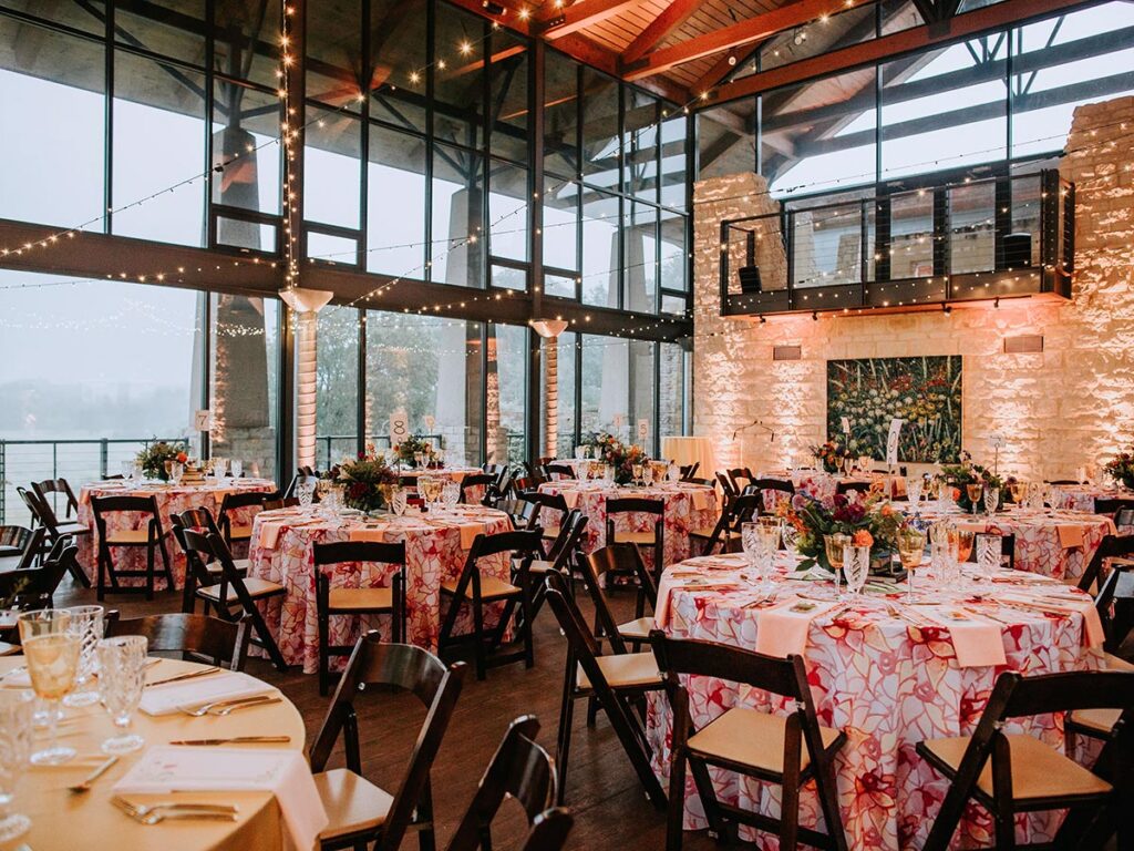 an Indoor Wedding reception in the Texas Hill Country at the Lady Bird Johnson Wildflower Center.