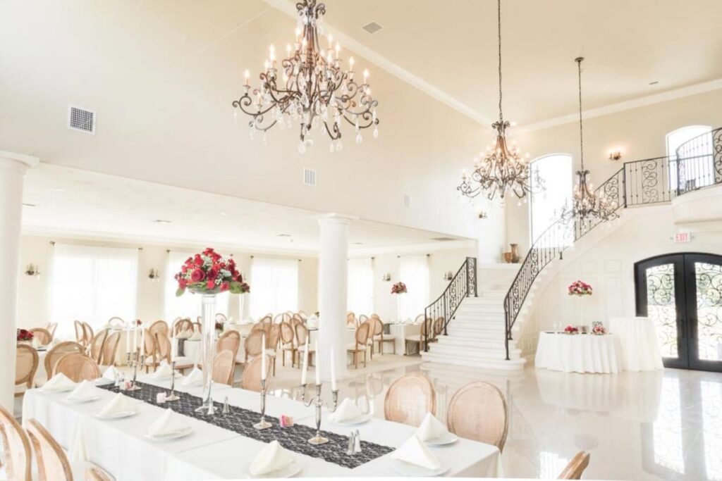 The Ballroom at Thistlewood Manor, prepared for a reception. 