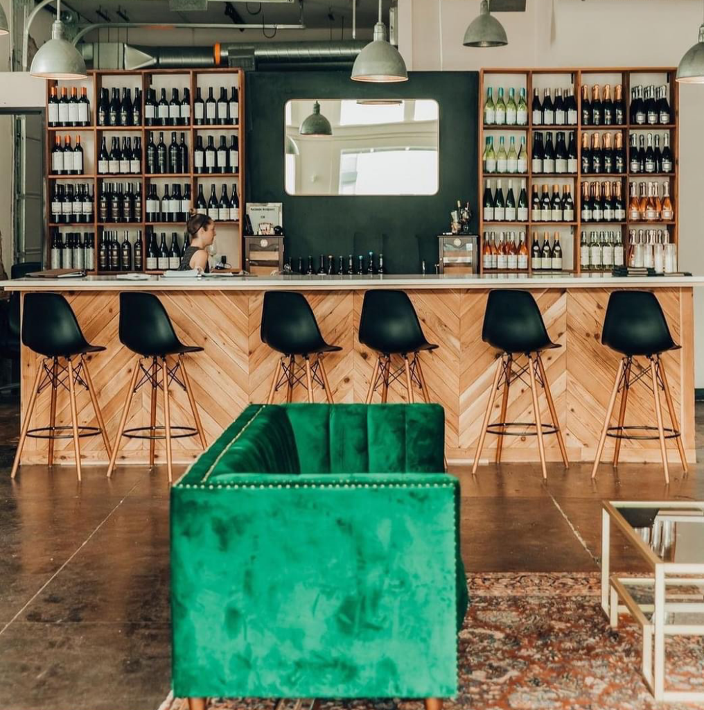 The seating area and bar at Soma Winery venue in Texas.