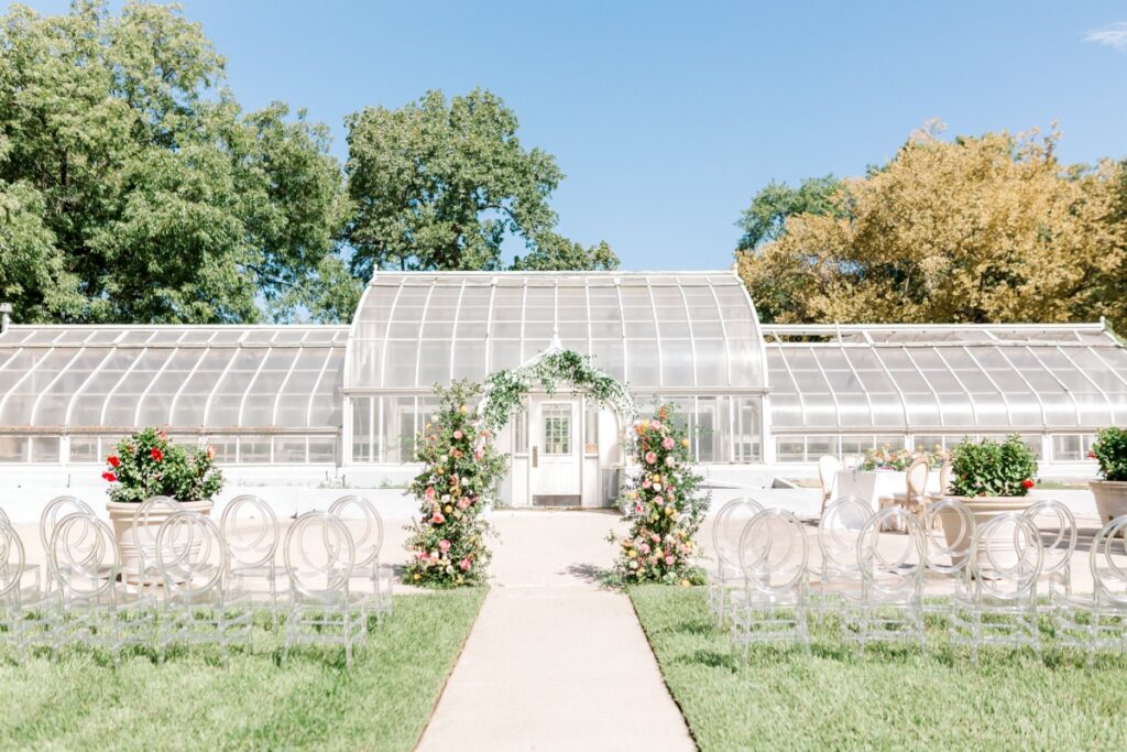 A lovely garden style reception set up at the Greenhouse & Gardens at Texas Woman’s University