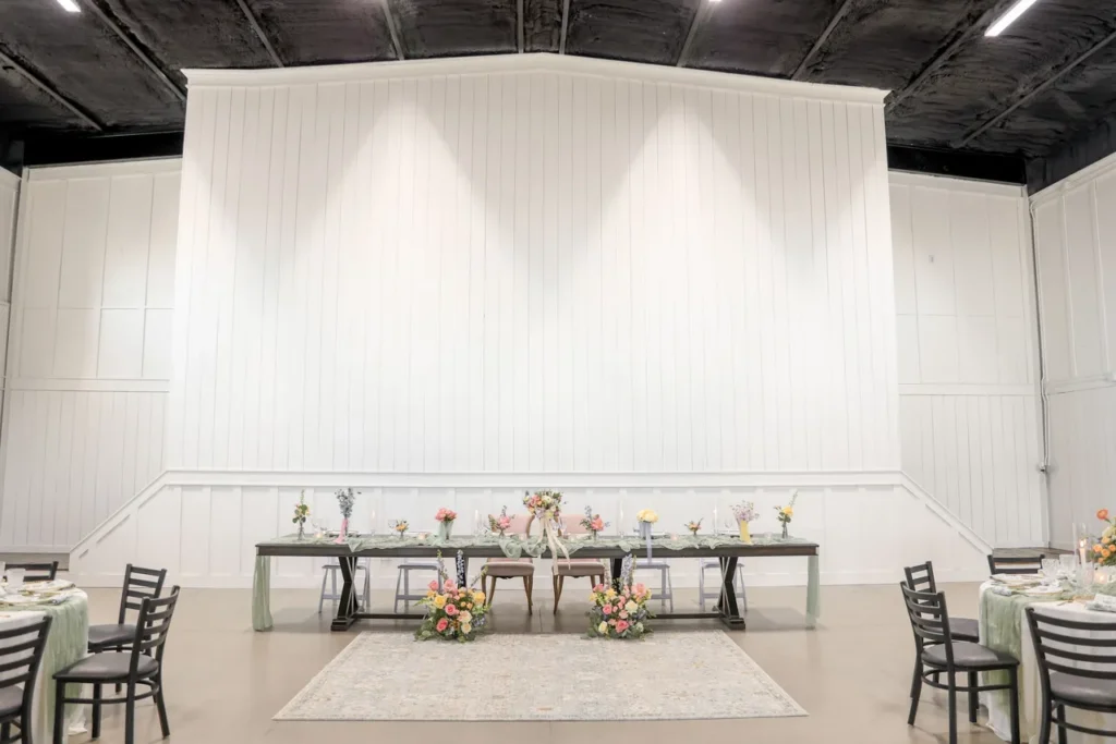 The unique indoor reception space at Texas wedding venue 1281 Weddings and Events.