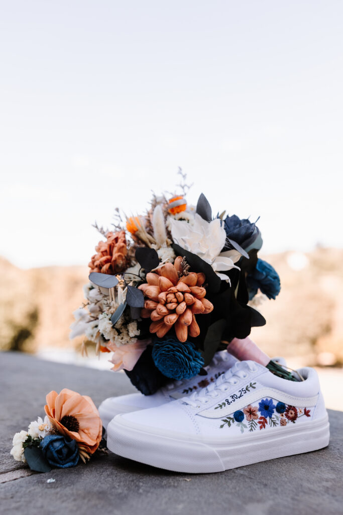 One of our fabulous brides customized her wedding shoes to match her bouquet and veil, a perfect way to personalize your outfit.