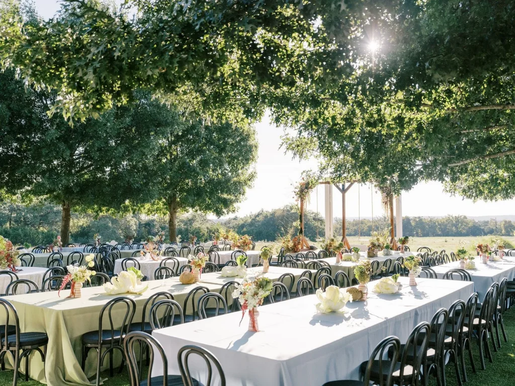 A stunning ceremony and reception space at Prospect House, a modern luxury venue in Texas.